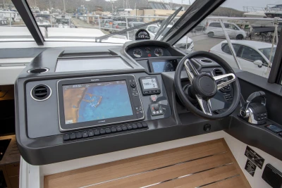 Control panel of a 2017 Princess V48 Open yacht with navigation display.