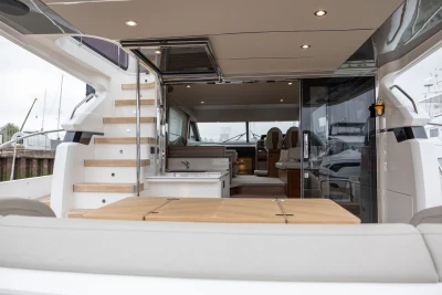 Luxurious 2022 Princess F55 yacht interior with modern seating and elegant design.
