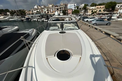 2012 Princess V42 yacht docked in a marina with waterfront buildings in the background.