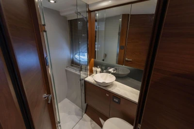 Luxurious bathroom in 2017 Princess 52 yacht with modern fixtures and wood accents.