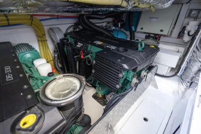 Engine room of a 2017 Princess V40 yacht, showcasing detailed mechanical components.