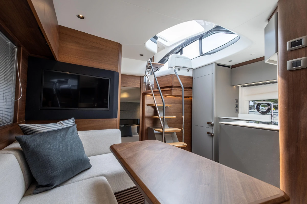 Luxurious interior of 2025 Princess V50 yacht with modern design and elegant furnishings.