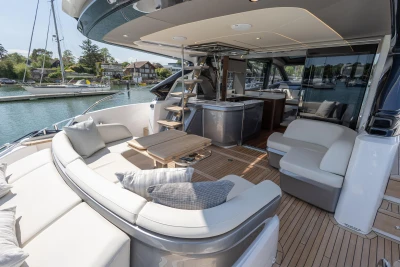 Luxurious 2025 Princess S65 yacht interior with elegant seating and modern design.