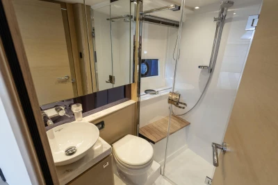 Luxurious bathroom in 2018 Princess V40 yacht with modern fixtures and elegant design.