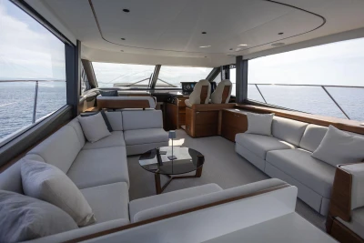 Luxurious interior of 2025 Princess F65 yacht with spacious seating and panoramic ocean views.