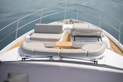 Luxurious 2025 Princess F65 yacht deck with elegant seating and sleek design.