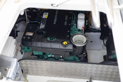Engine compartment of a 2018 Princess V40 yacht with Volvo Penta D6-330 engine.