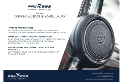 Princess 43 yacht brochure highlighting part exchange, technical orientation, and 3D tour options.