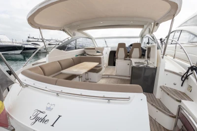 Luxurious 2014 Princess V39 yacht with spacious seating and elegant interior design.