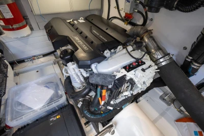 Engine room of a 2018 Princess 49 yacht, featuring a Volvo Penta D8-IPS700 engine.