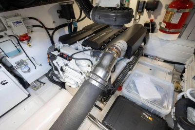 Engine room of a 2018 Princess 49 yacht, featuring a Volvo Penta engine.