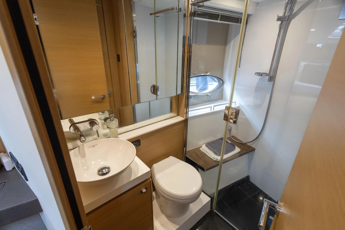 Luxurious bathroom in 2013 Princess V39 yacht with modern fixtures and shower.