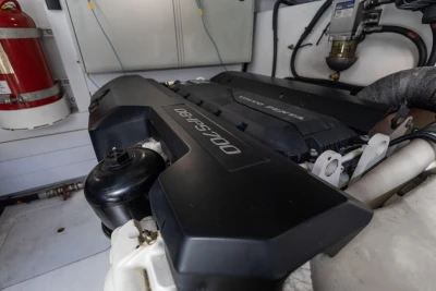 Engine compartment of a 2017 Princess 49 yacht with Volvo Penta D8-IPS700 engine.