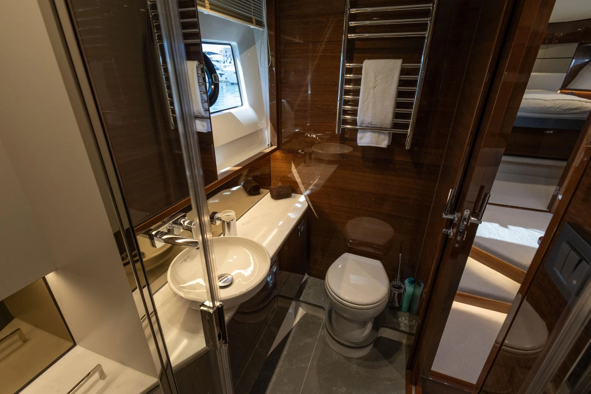 Luxurious bathroom in 2023 Princess S62 yacht with modern fixtures and elegant design.