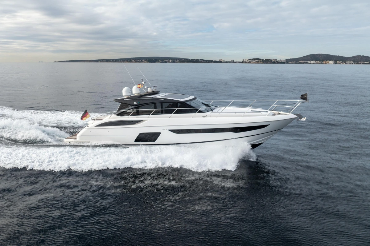 2016 Princess V58 Open yacht cruising on calm waters.