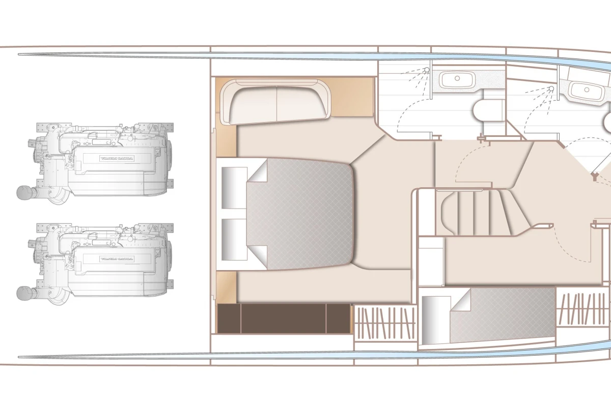 Floor plan of 2025 Princess V55 yacht, featuring bedroom, bathroom, and engine layout.