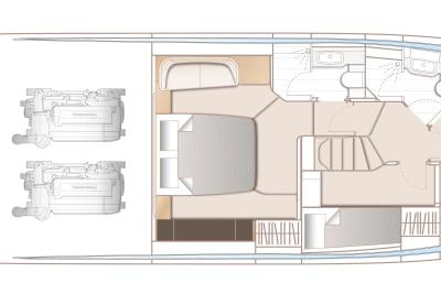 Floor plan of 2025 Princess V55 yacht, featuring bedroom, bathroom, and engine layout.