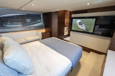 Luxurious cabin of Princess V55 yacht, 2026 model, featuring modern interior design.