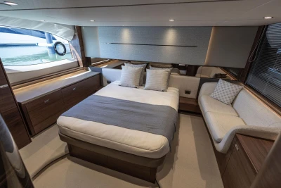 Luxurious bedroom on the Princess V55 yacht, model year 2026.