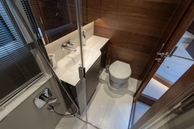 Luxurious bathroom of the Princess V55 yacht, model 2026.