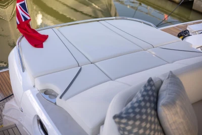 Luxurious sun deck of the 2026 Princess V55 yacht.