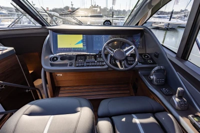 Interior view of the 2026 Princess V55 yacht cockpit.