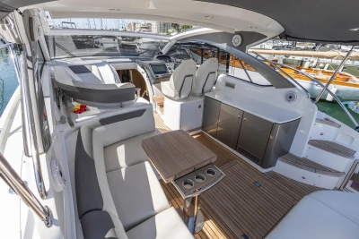 Luxurious 2019 Princess V40 yacht interior with elegant seating and modern amenities.