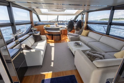 Luxurious interior of 2014 Princess S72 yacht with elegant seating and panoramic ocean views.