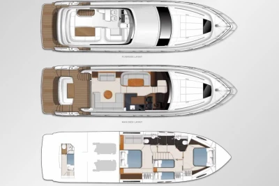 Layout of 2014 Princess 56 yacht showing flybridge, main deck, and lower deck.