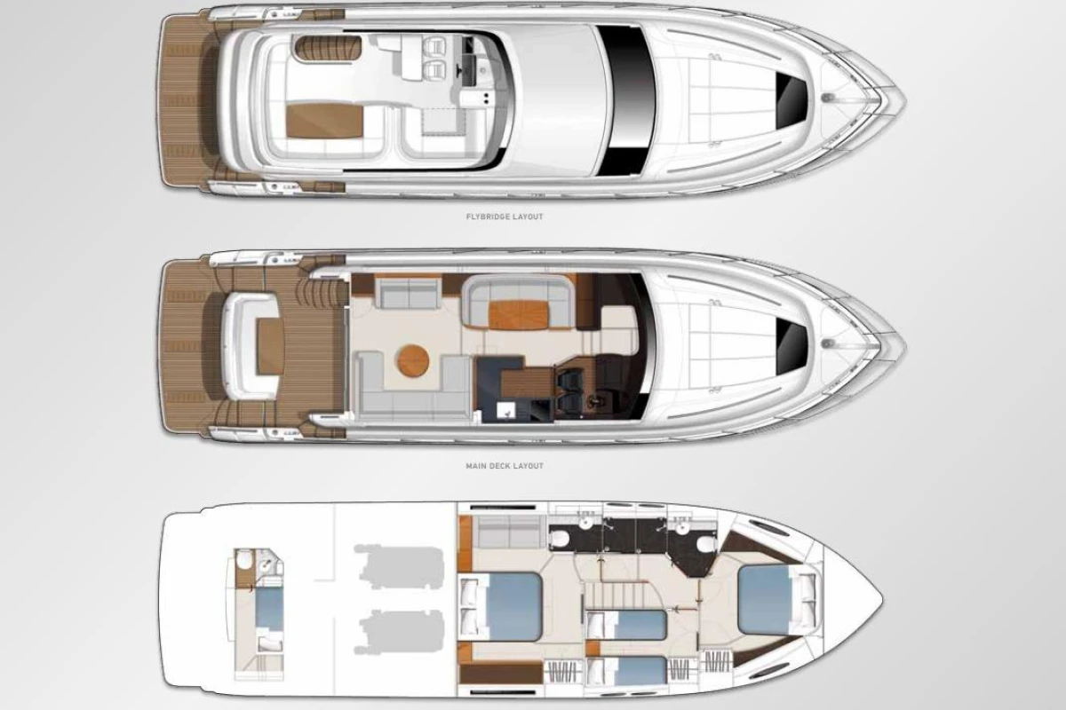 Layout of 2014 Princess 56 yacht showing flybridge, main deck, and lower deck.