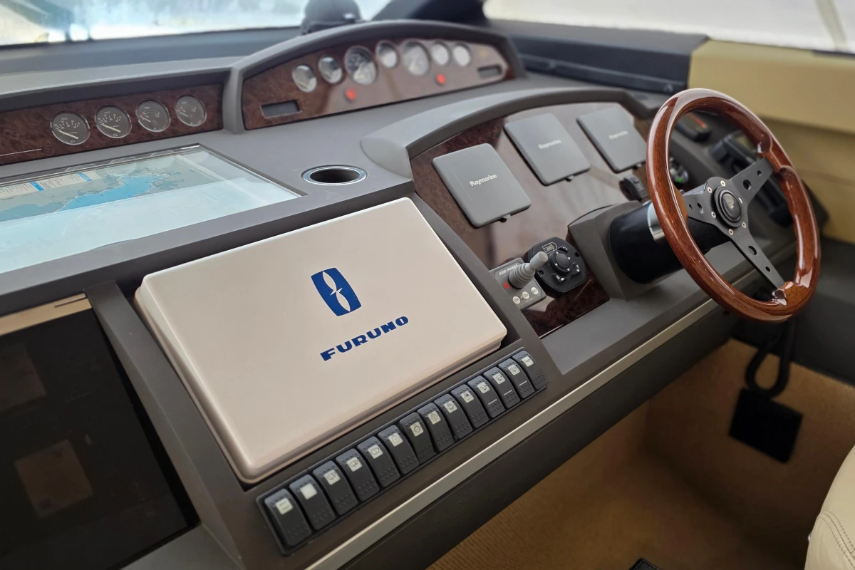 Control panel of a 2006 Princess 42 Flybridge Motor Yacht with Furuno navigation system.