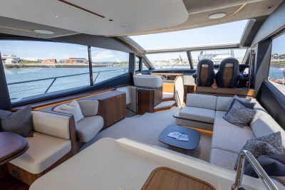 Luxurious interior of 2023 Princess S72 yacht with stylish design.