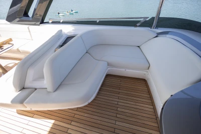Luxurious seating area on the 2023 Princess S72 yacht.