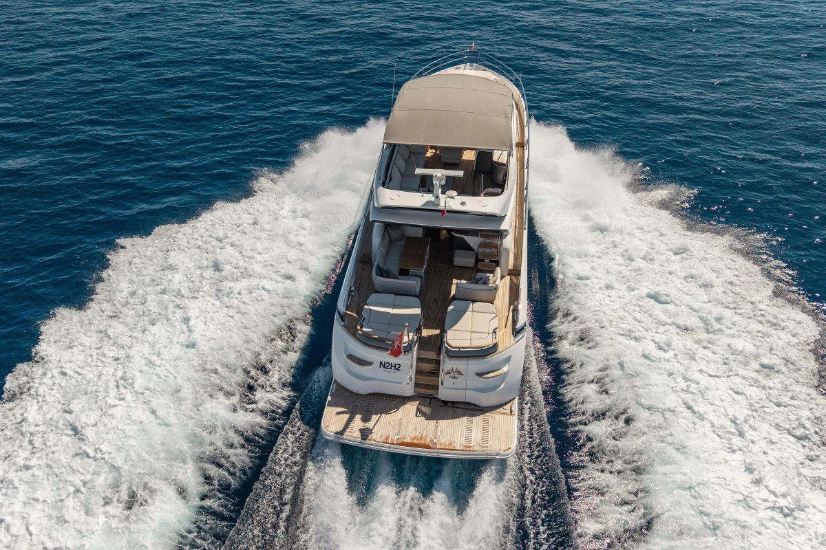 Luxury Princess S78 yacht cruising on open sea, 2022 model.