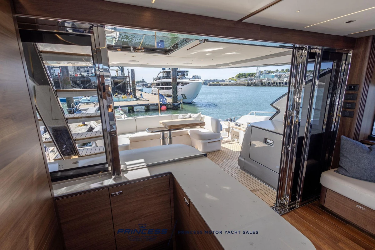 Luxurious interior of 2023 Princess S72 yacht with open deck view.