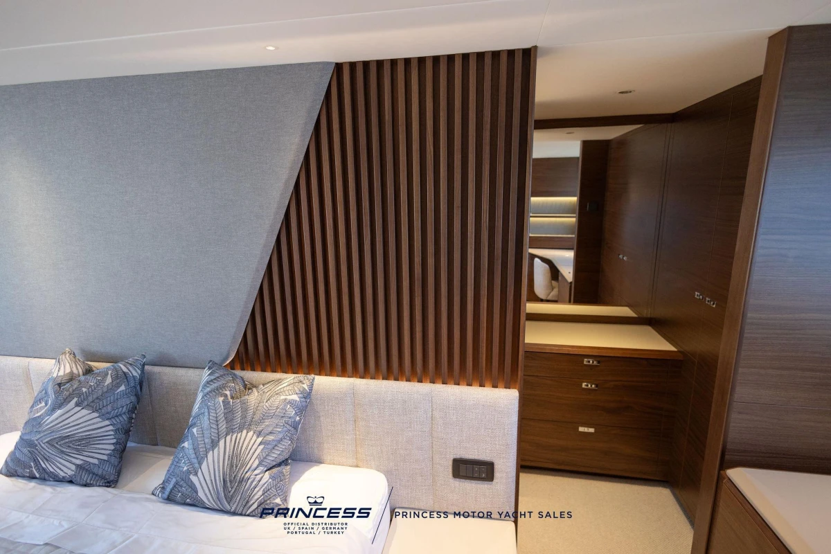 Luxurious interior of 2023 Princess S72 yacht with modern design and elegant decor.