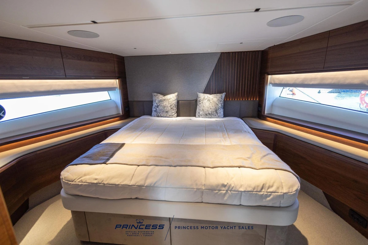 Luxurious 2023 Princess S72 yacht bedroom with elegant design and panoramic windows.