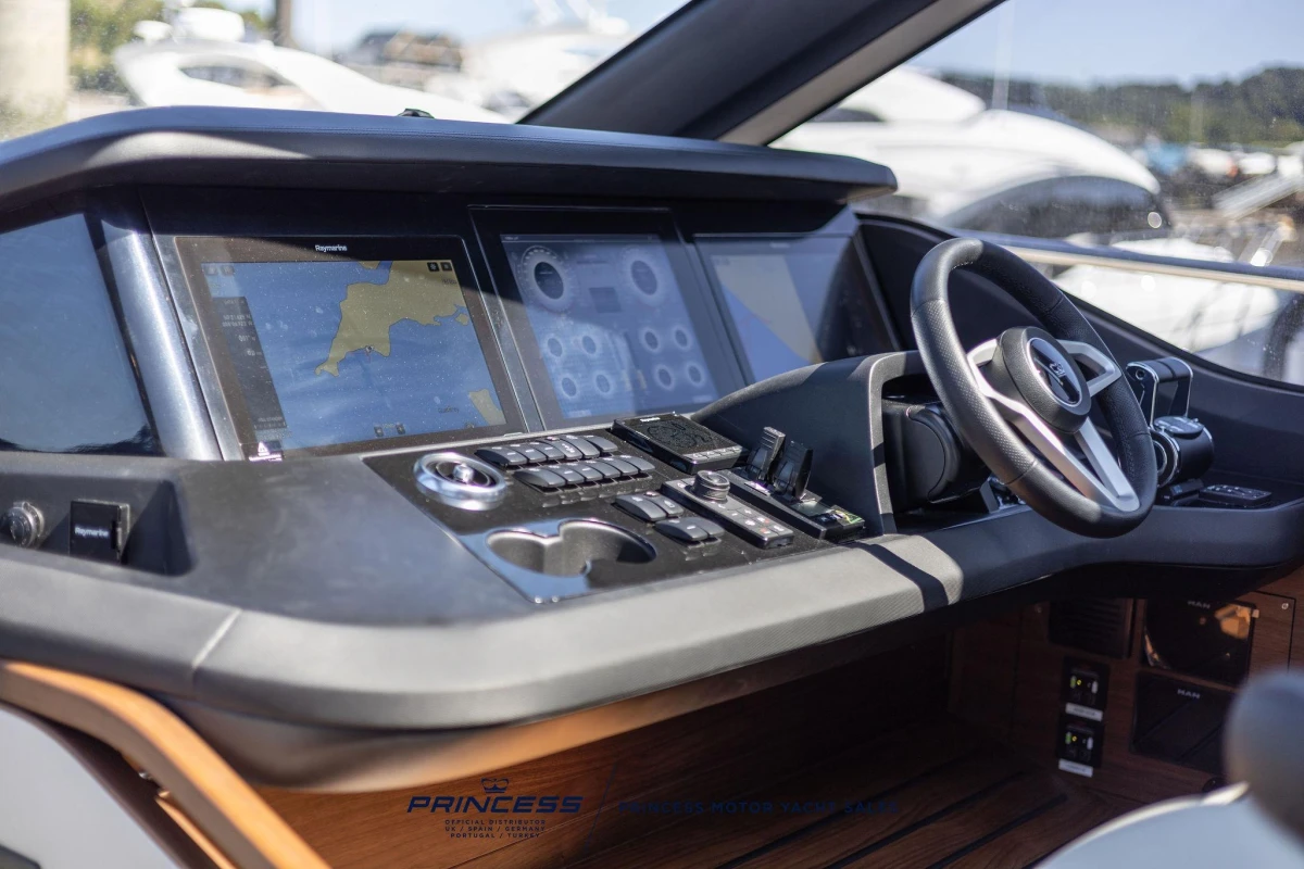 2023 Princess S72 yacht cockpit with advanced navigation and control systems.