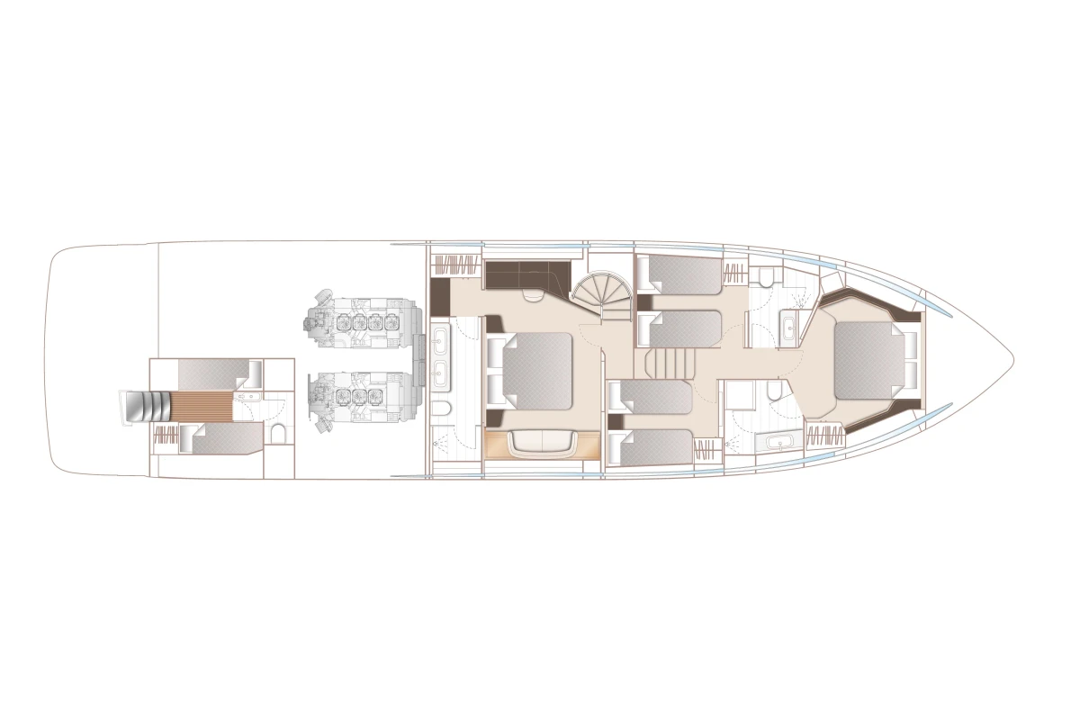 Floor plan of 2023 Princess S72 yacht, showcasing cabin and engine layout.