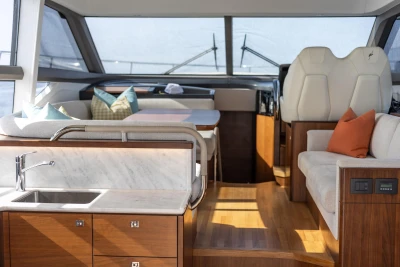 Luxurious interior of 2019 Princess F50 yacht with elegant seating and modern design.