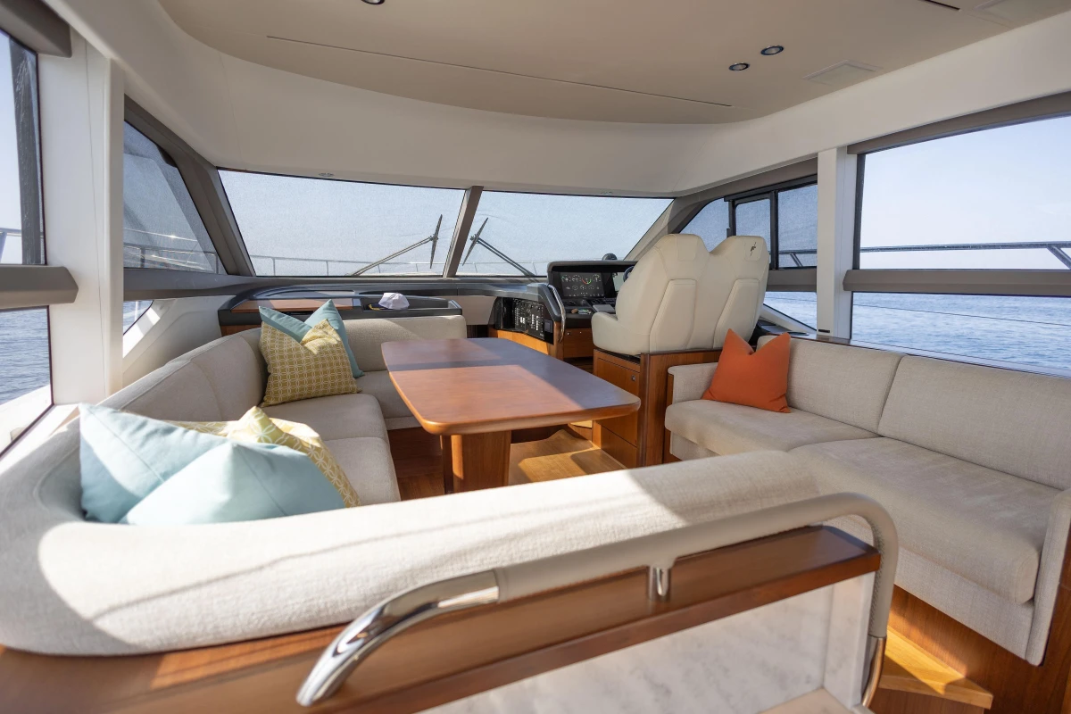 Luxurious interior of 2019 Princess F50 yacht with elegant seating and ocean view.
