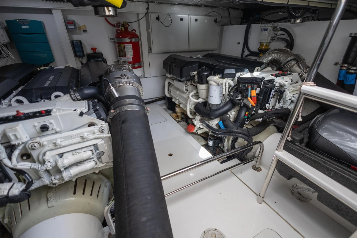 Engine room of a 2019 Princess F50 yacht, featuring modern machinery and equipment.