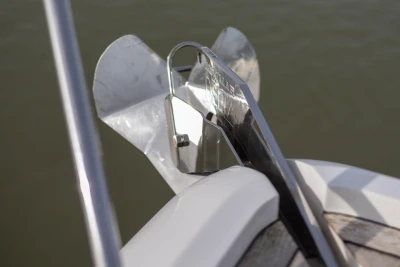 Anchor on 2018 Princess V50 yacht, close-up view.