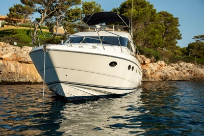 Luxury 2008 Princess 58 yacht anchored near rocky shoreline with trees.