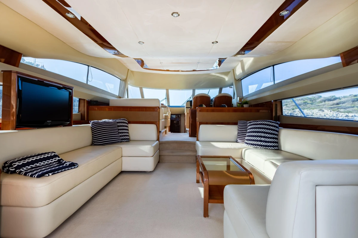 Luxurious interior of 2008 Princess 58 yacht with elegant seating and modern design.