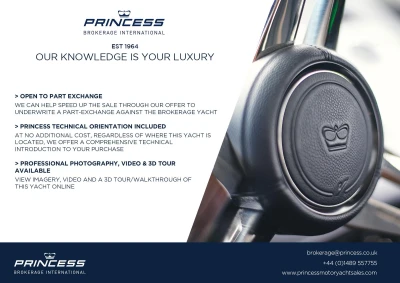 Princess 58 yacht advertisement highlighting part exchange, technical orientation, and 3D tour services.