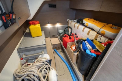 Storage area on a 2021 Princess Y72 yacht with equipment and supplies.