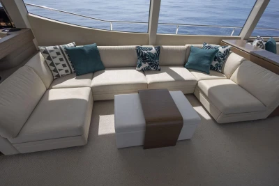 Luxurious interior of 2021 Princess Y72 yacht with elegant seating and ocean view.