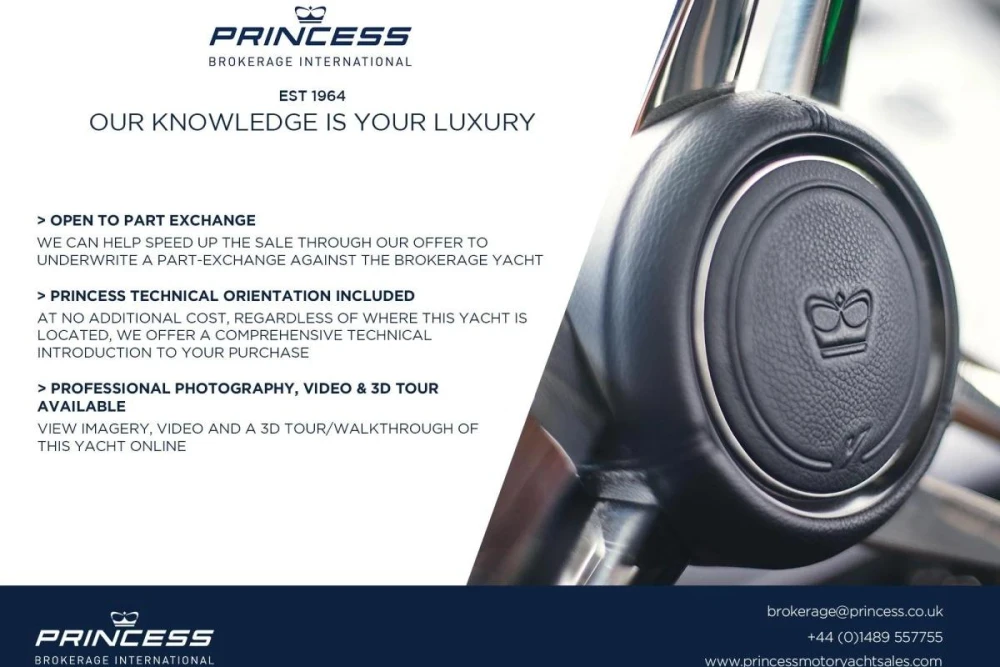 Princess Y72 yacht brochure highlighting part exchange, technical orientation, and 3D tour services.