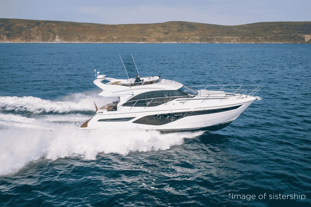 Luxury Princess F50 yacht cruising on open sea, 2026 model.